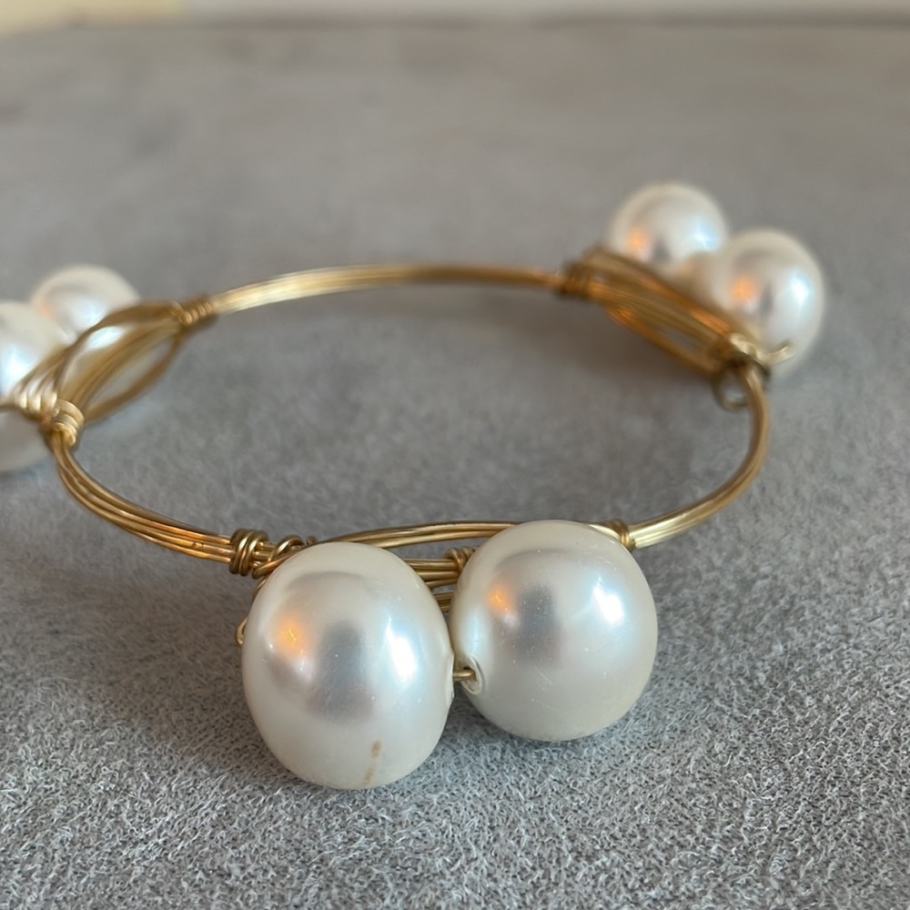 Double Pearl Wire Wrapped Gold Bangle Bracelet - Picture 5 of 6